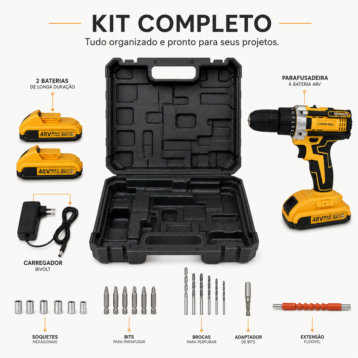 Kit completo MONTARO detalhado: 2 baterias, carregador bivolt, maleta, bits, brocas, soquetes, adaptador e extensão flexível