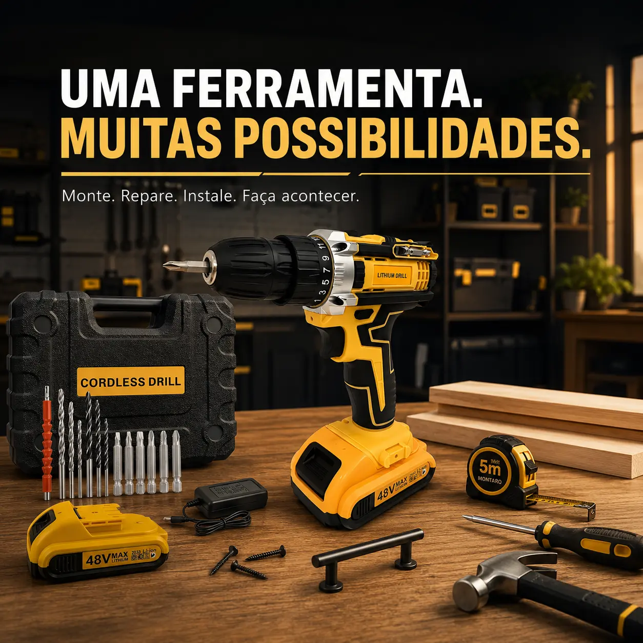 Parafusadeira MONTARO 48V com kit completo sobre bancada de oficina