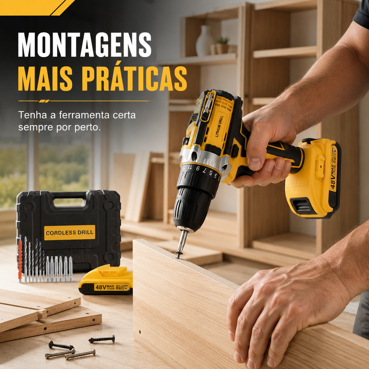 Montagem de móvel com a parafusadeira MONTARO 48V e o kit sobre a bancada